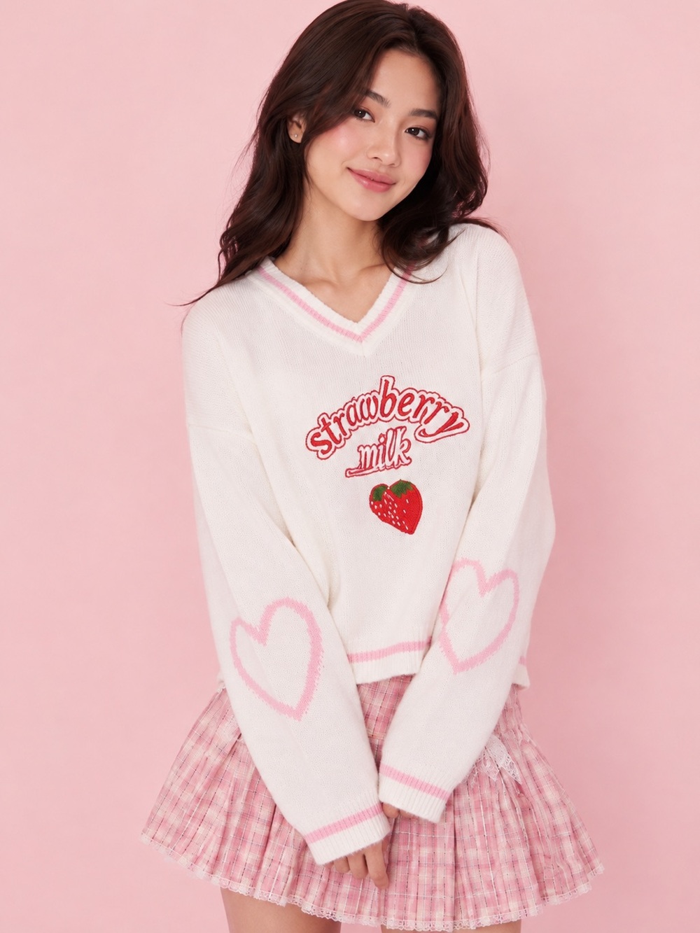 ROMWE‎ Strawberry Milk Sweater Kawaii Coquette Pink Heart Knit Top